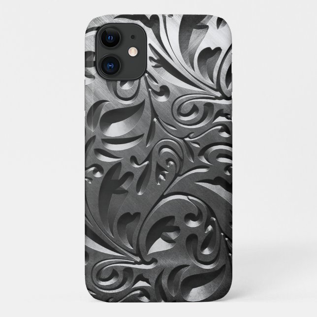 Silver metal engraved look abstract grey steel Case-Mate iPhone case (Back)