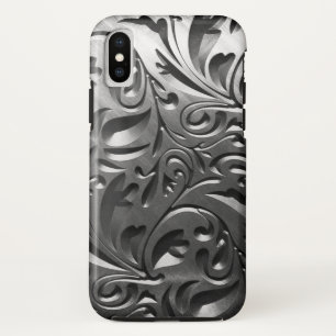 Silver metal engraved look abstract grey steel iPhone XS case