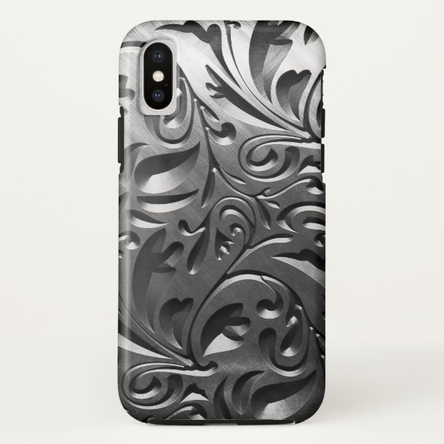 Silver metal engraved look abstract grey steel Case-Mate iPhone case (Back)