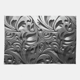 Silver metal engraved look abstract grey steel kitchen towel