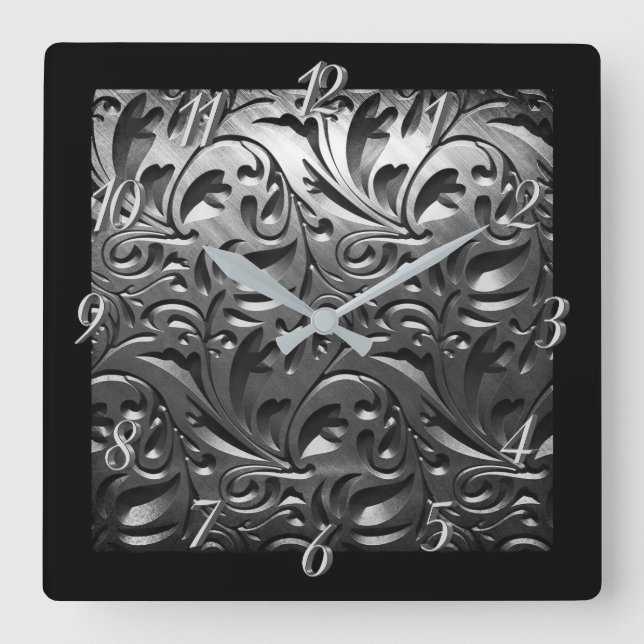 Silver metal engraved look abstract grey steel square wall clock (Front)