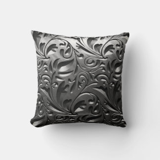 Silver metal engraved look abstract grey steel throw pillow