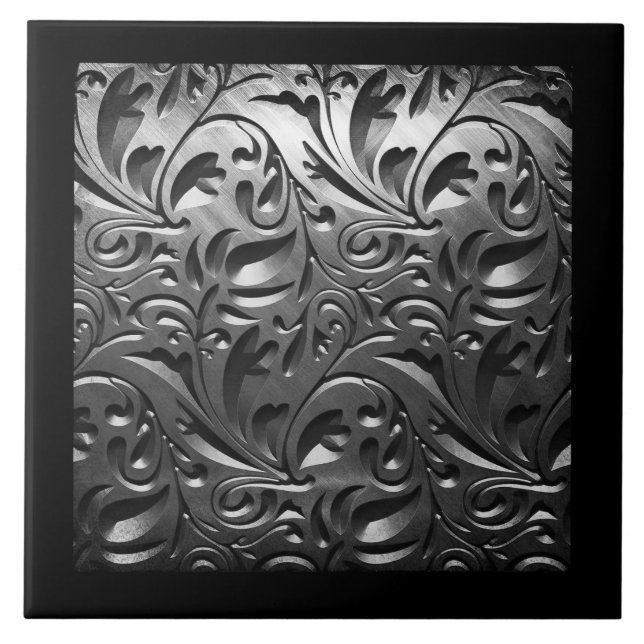 Silver metal engraved look abstract grey steel tile (Front)