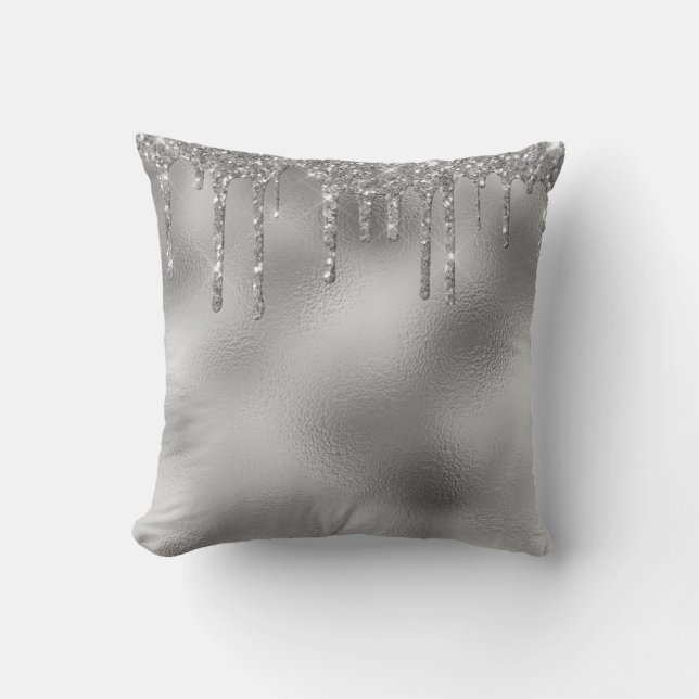 Silver Metal Glitter Drips Glam Throw Pillow (Front)
