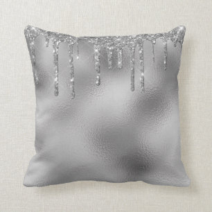 Silver Metal Glitter Drips Glam Throw Pillow