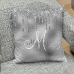 Silver Metal Glitter Drips Monogram Family Name Throw Pillow<br><div class="desc">This design was created through digital art. It may be personalized by clicking the customize button and changing and add a name, initials or your favourite words. Contact me at colorflowcreations@gmail.com if you with to have this design on another product. Purchase my original abstract acrylic painting for sale at www.etsy.com/shop/colorflowart....</div>