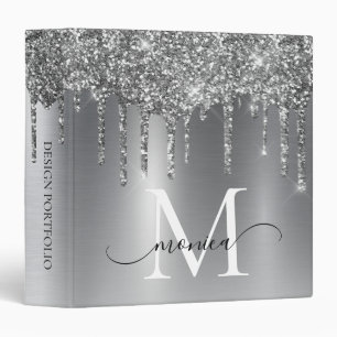 Silver Metal Glitter Drips Monogram Name Binder