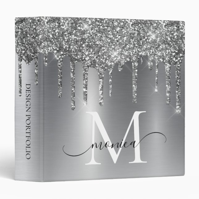 Silver Metal Glitter Drips Monogram Name Binder (Front/Spine)