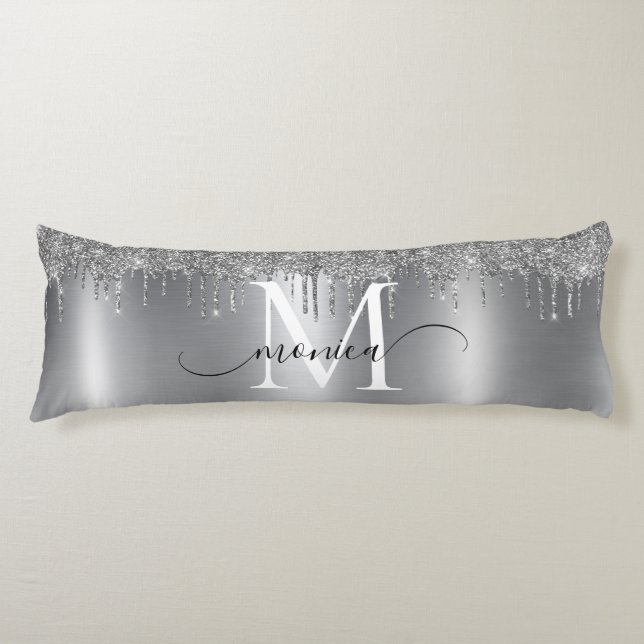 Silver Metal Glitter Drips Monogram Name Body Pillow (Front)