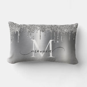 Silver Metal Glitter Drips Monogram Name Lumbar Pillow