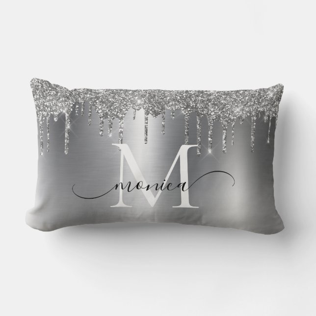 Silver Metal Glitter Drips Monogram Name Lumbar Pillow (Front)