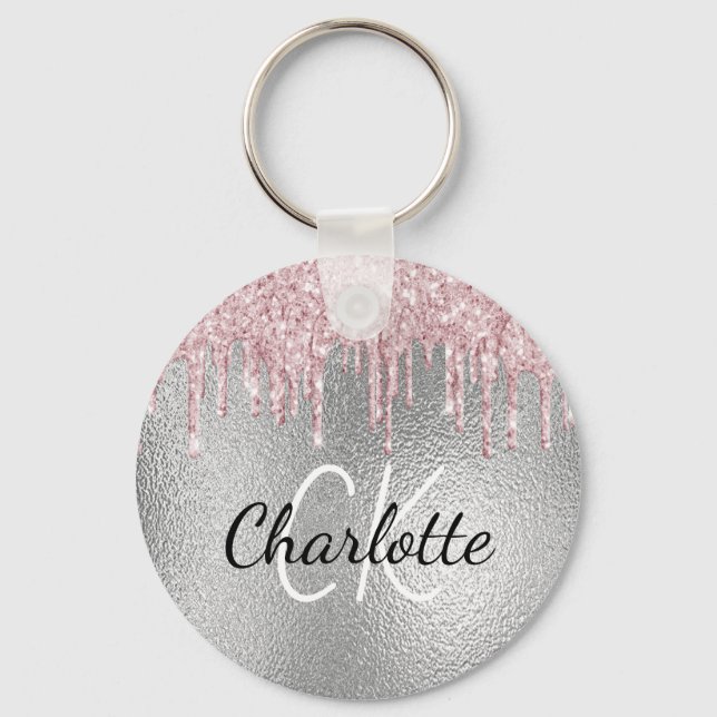 Silver metal glitter drips pink monogram initials keychain (Front)