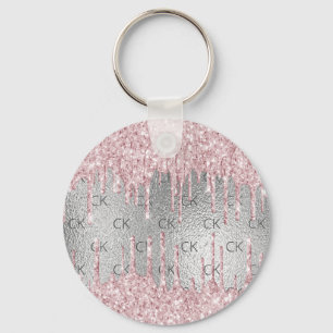 Silver metal glitter drips pink monogram initials  keychain