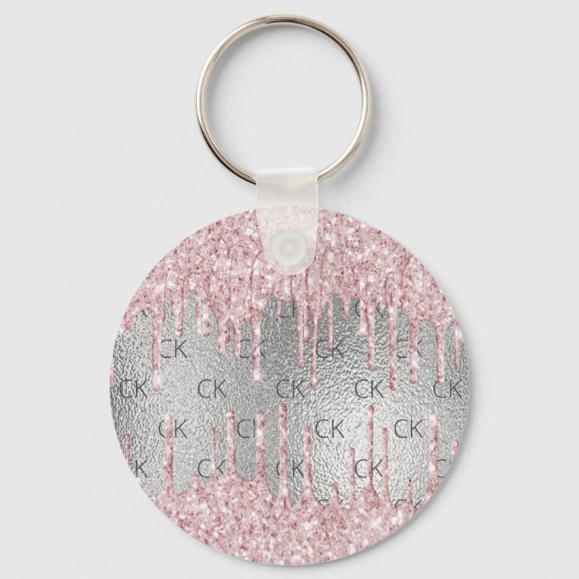 Silver metal glitter drips pink monogram initials  keychain (Front)