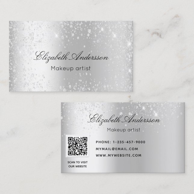 Silver metal glitter elegant QR code Business Card (Front/Back)
