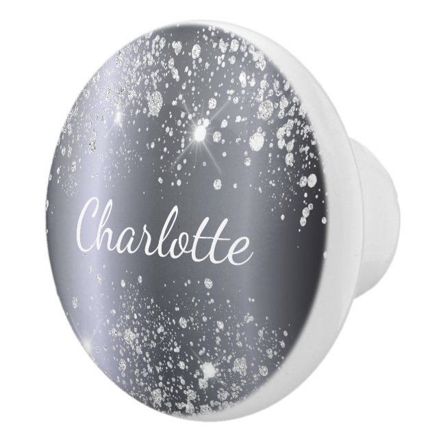 Silver metal glitter name glam girly ceramic knob (Right)