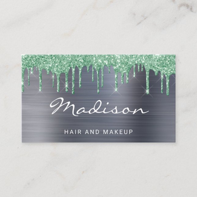 Silver Metal Green Glitter Drip Hair & Makeup Business Card (Front)