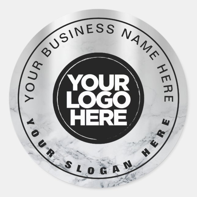 Silver metal grey marble custom business logo classic round sticker (Front)