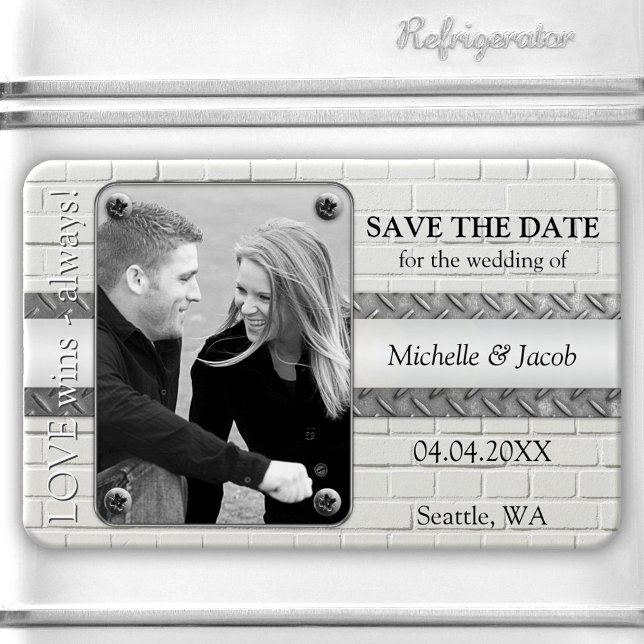 Silver Metal Industrial Photo Save the Date Magnet (B&W Save the Date magnet with your own photo on an industrial design with white bricks and silver)