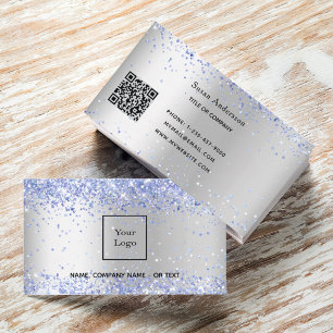 Silver metal light blue glitter dust QR code Business Card
