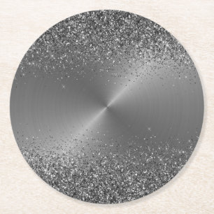 Silver Metal Look Glitter Black Circular Metallic Round Paper Coaster