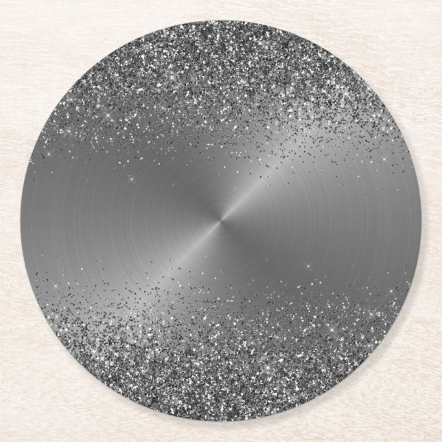 Silver Metal Look Glitter Black Circular Metallic Round Paper Coaster (Front)