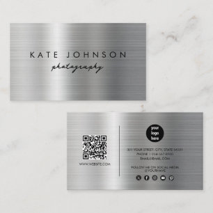 Silver Metal Modern Script QR Code Social Media  Business Card