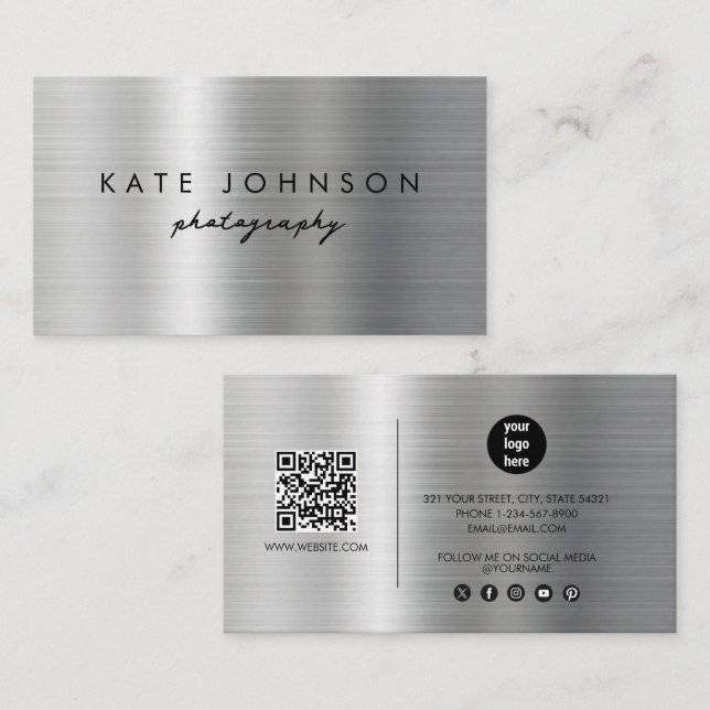 Silver Metal Modern Script QR Code Social Media  Business Card (Front/Back)