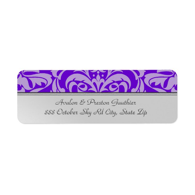 Silver Metal Purple Damask Wedding Address Label (Front)