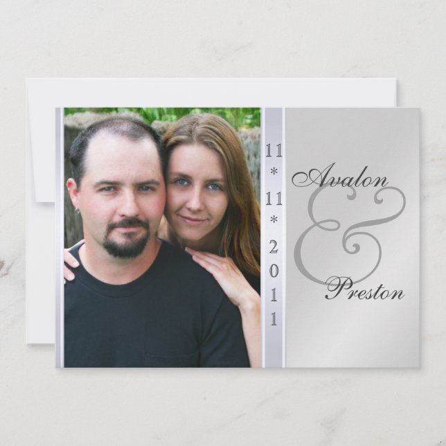 Silver Metal Side Damask Photo Wedding Invitation (Front)