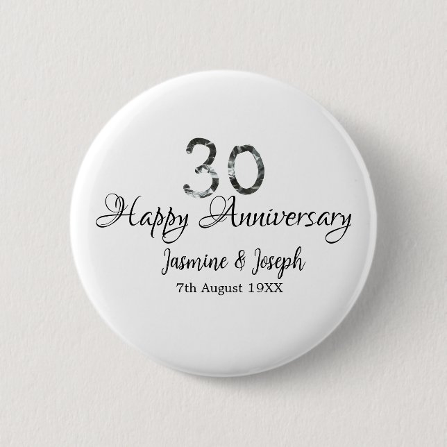 Silver Metallic 30th Happy anniversary add name 2 Inch Round Button (Front)