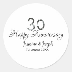 Silver Metallic 30th Happy anniversary add name Classic Round Sticker