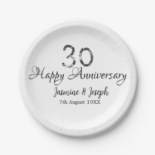 Silver Metallic 30th Happy anniversary add name Paper Plate