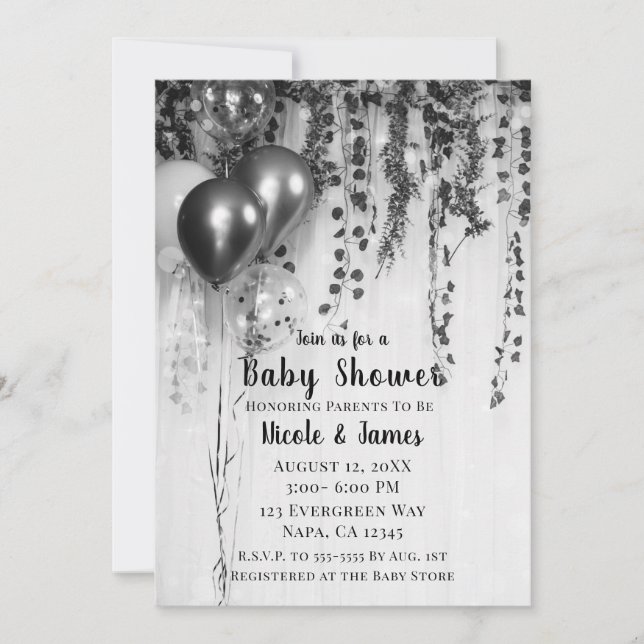 Silver Metallic Balloons Rustic Ivy Baby Shower Invitation (Front)