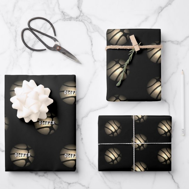 Silver Metallic Basketball Ball Kids Name Birthday Wrapping Paper Sheet (Front)