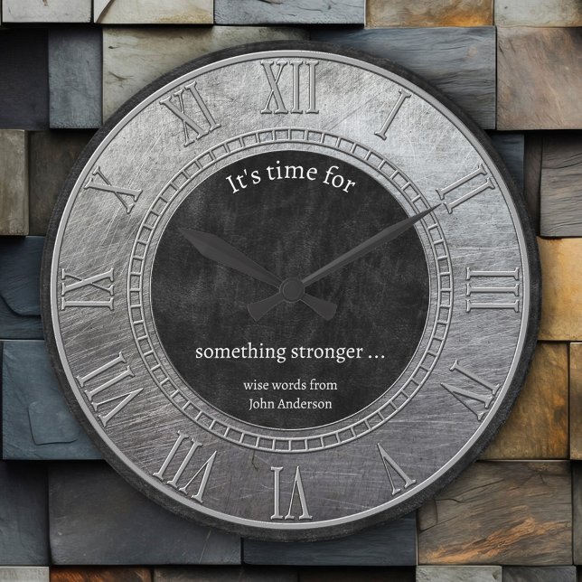 Silver Metallic Black Faux Leather Round Clock (Wall clock featuring a stylish silver metallic design with black faux leather and roman numerals)