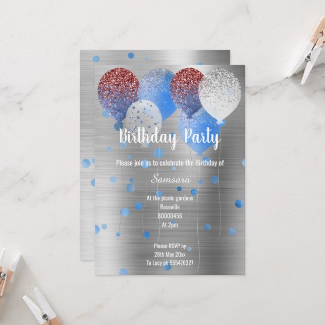 SILVER METALLIC & BLUE BIRTHDAY BALLOON SPOT  INVITATION (Front/Back In Situ)