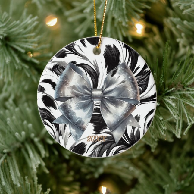Silver Metallic Bow Black White Accents Ceramic Ornament (Tree)