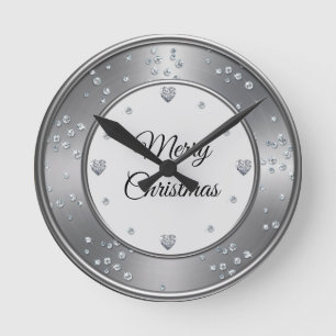 Silver Metallic Diomand Merry Christmas Round Clock