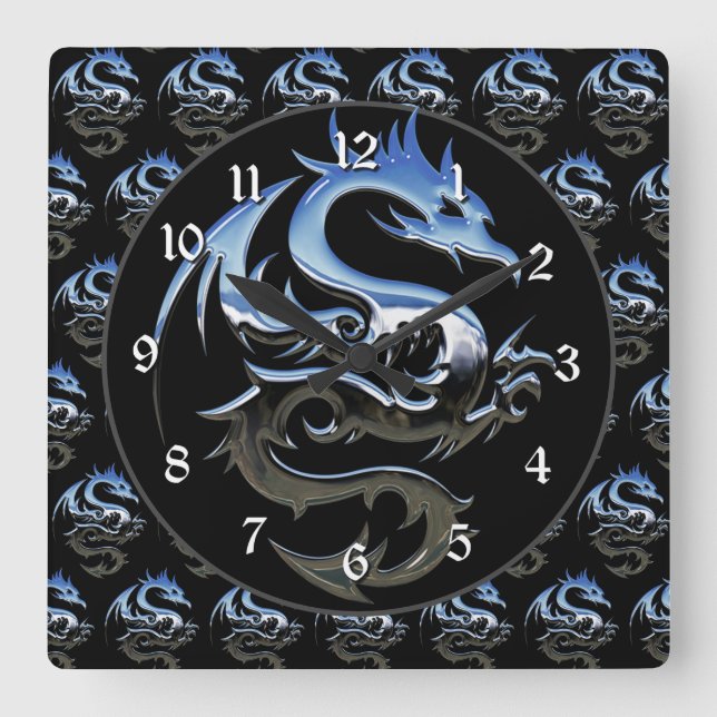 Silver Metallic Dragon Square Wall Clock (Front)