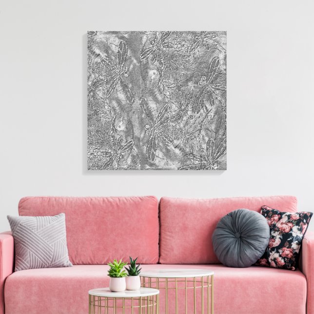Silver Metallic Embossed Dragonflies Canvas Print (Insitu(LivingRoom))