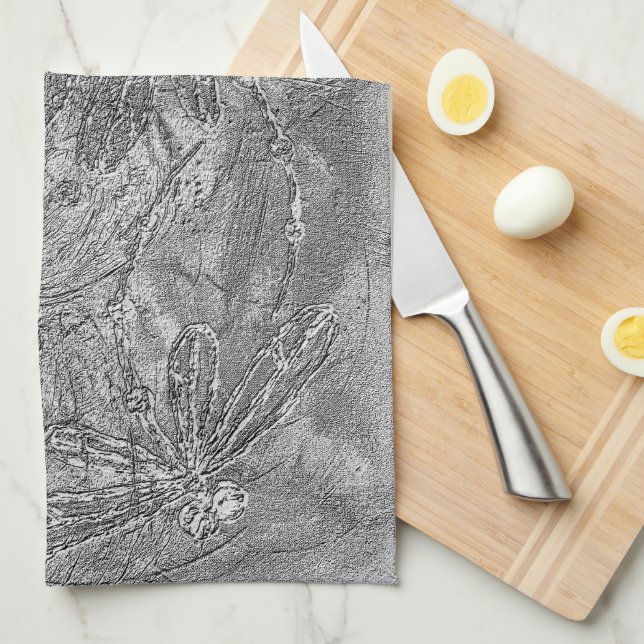 Silver Metallic Embossed Dragonflies Kitchen Towel (Quarter Fold)