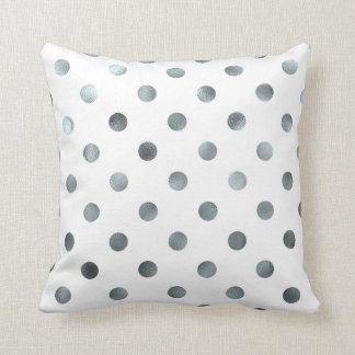 Silver Metallic Faux Foil Polka Dot White Throw Pillow