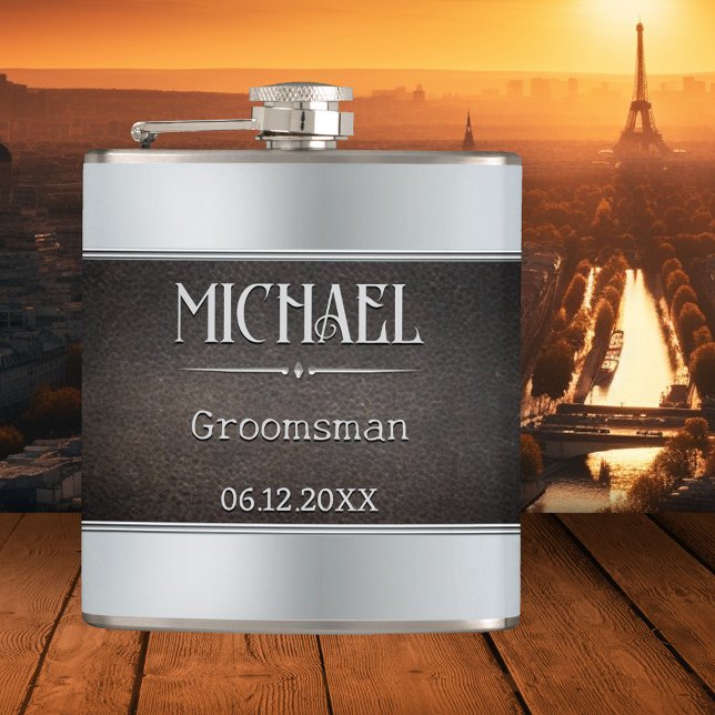 Silver Metallic Faux Leather Groomsman Hip Flask (Creator Uploaded)