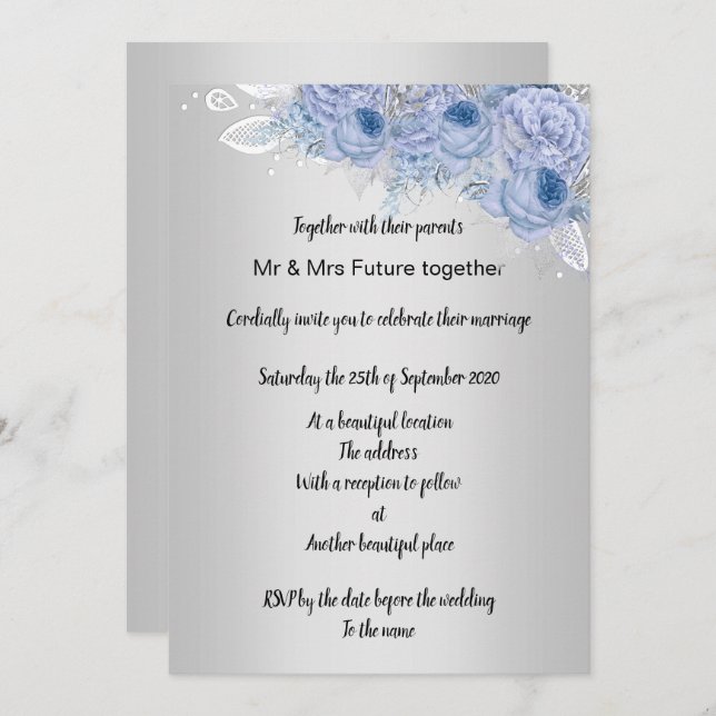 Silver Metallic floral Lilac Bouquet Wedding Invitation (Front/Back)