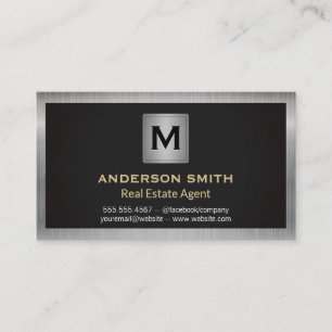 Silver Metallic Frame   Black Texture   Monogram Business Card