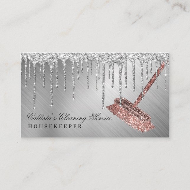 Silver Metallic Glitter Drips Cleaning Service Business Card (Front)