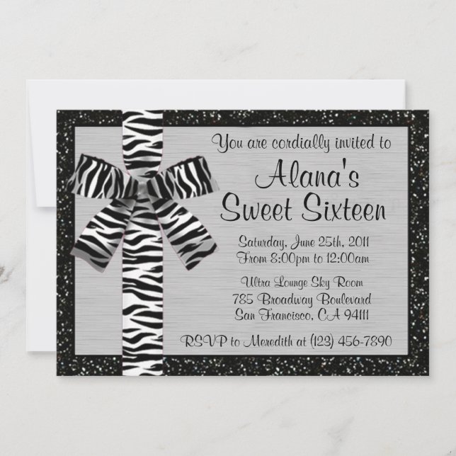 Silver Metallic Glitter Invite With Zebra Bow (Front)