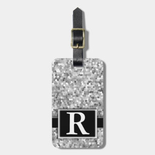 Silver Metallic Glitter Modern Elegant Monogram Luggage Tag
