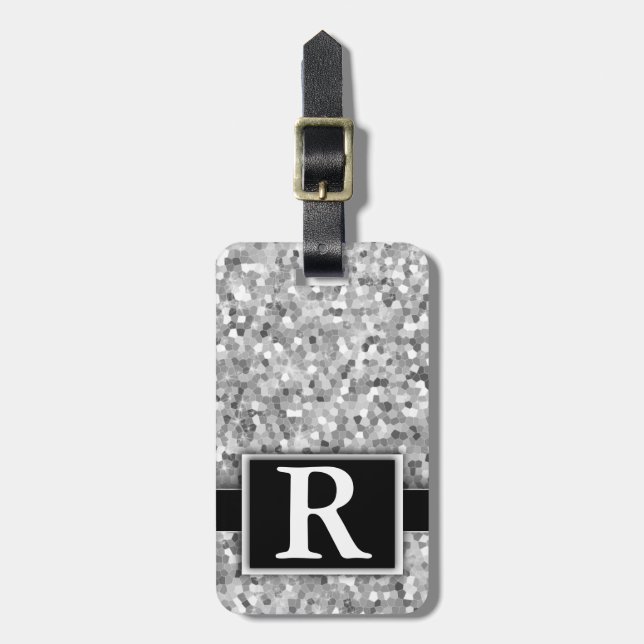 Silver Metallic Glitter Modern Elegant Monogram Luggage Tag (Front Vertical)